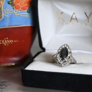 VTG Sterling Silver Ring w/ Marquise Cut Smoky Stone and Faux Diamonds Size 7.75